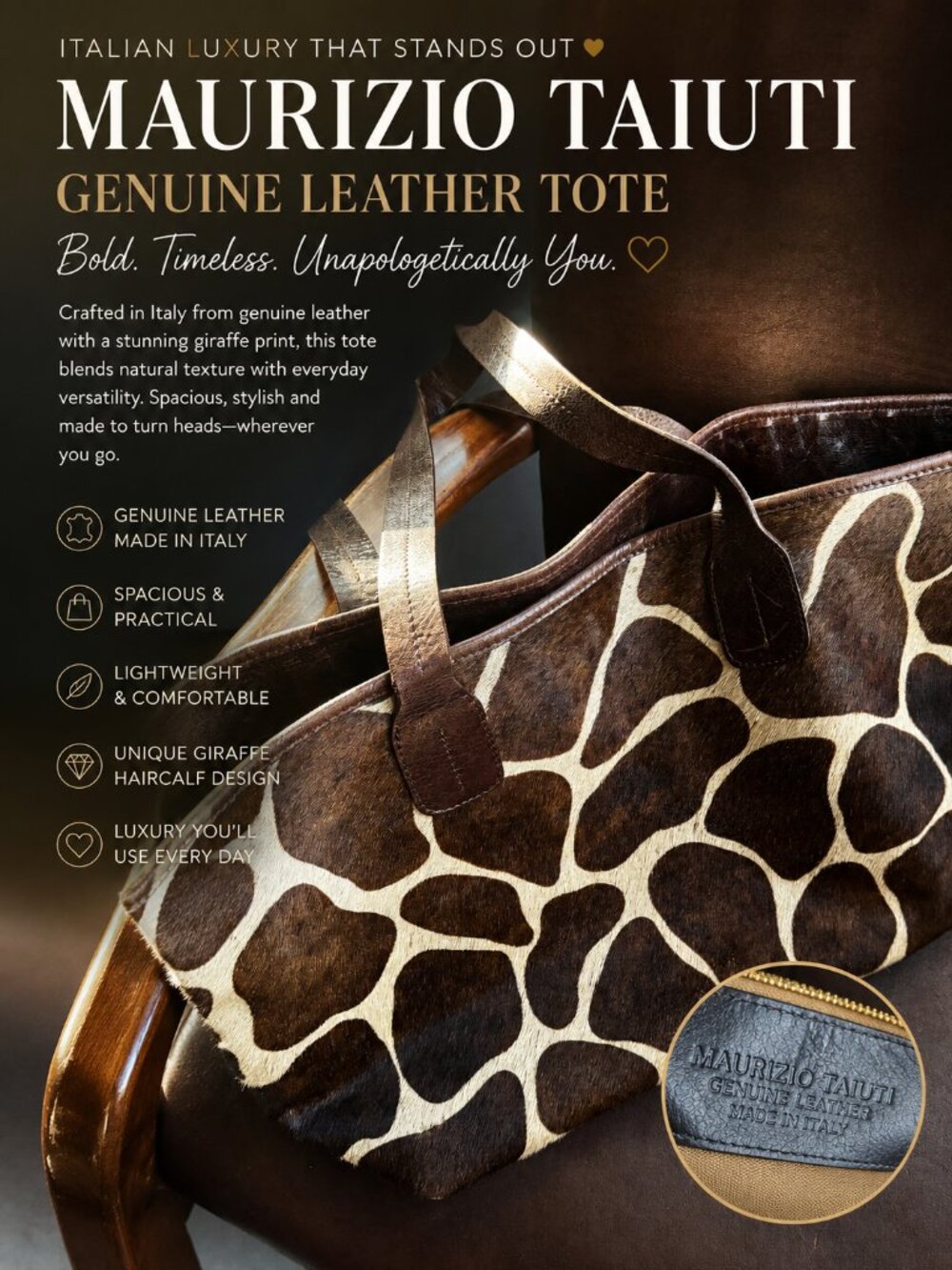 Maurizio Taiuti Italy Genuine Leather Giraffe Haircalf Tote Bag